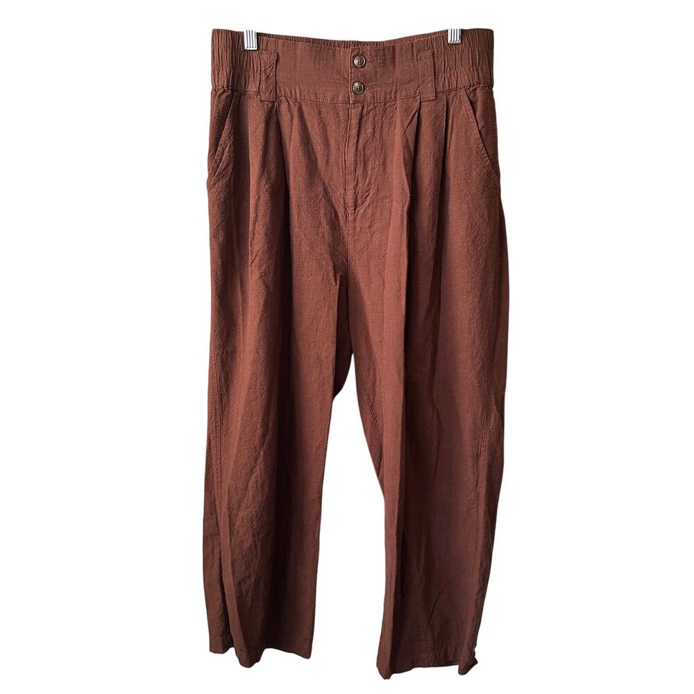 Urban Outfitters Pants Womens Large Brown Cotton Linen Blend Pleated Paperbag